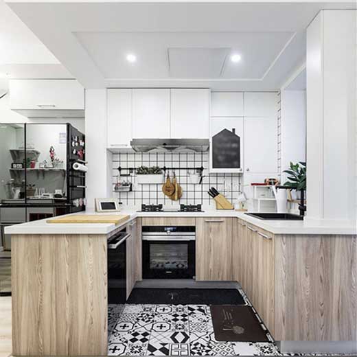 High gloss modular kitchen cabinet with drawers and glass doors